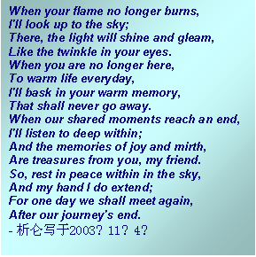 Text Box: When your flame no longer burns,
I'll look up to the sky;
There, the light will shine and gleam,
Like the twinkle in your eyes.
When you are no longer here,
To warm life everyday,
I'll bask in your warm memory,
That shall never go away.
When our shared moments reach an end,
I'll listen to deep within;
And the memories of joy and mirth,
Are treasures from you, my friend.
So, rest in peace within in the sky,
And my hand I do extend;
For one day we shall meet again,
After our journey's end.
- д2003114
