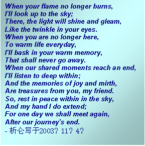 Text Box: When your flame no longer burns,
I'll look up to the sky;
There, the light will shine and gleam,
Like the twinkle in your eyes.
When you are no longer here,
To warm life everyday,
I'll bask in your warm memory,
That shall never go away.
When our shared moments reach an end,
I'll listen to deep within;
And the memories of joy and mirth,
Are treasures from you, my friend.
So, rest in peace within in the sky,
And my hand I do extend;
For one day we shall meet again,
After our journey's end.
- д2003114
